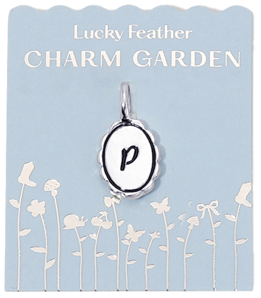 A "Lucky Feather Charm Garden" card displaying a letter "p" charm.