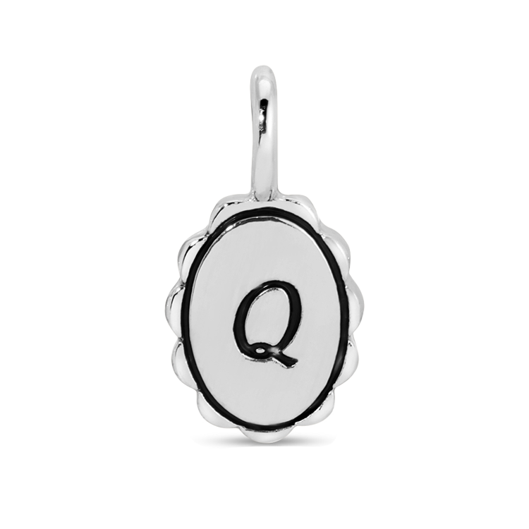 A silver charm pendant in the shape of the letter "Q."