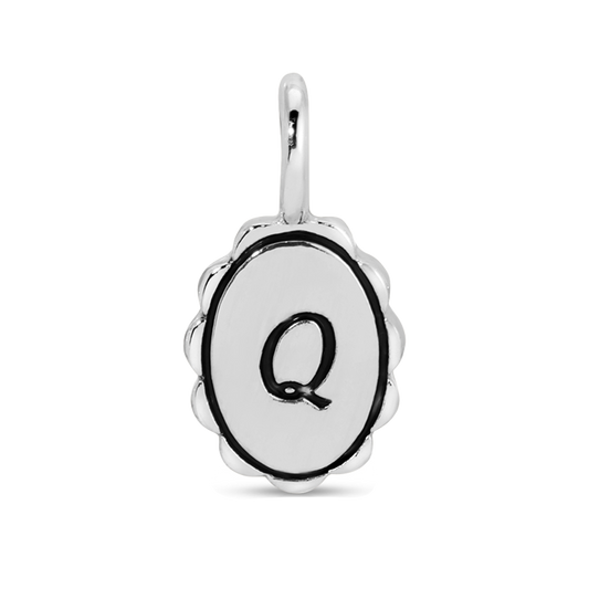 A silver charm pendant in the shape of the letter 'Q.'