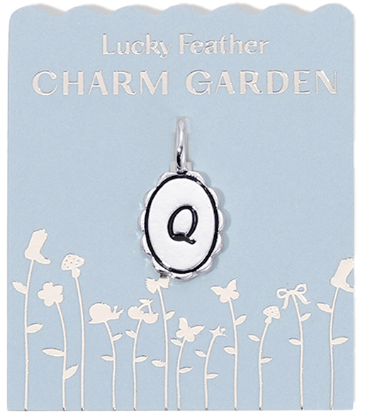 A "Lucky Feather Charm Garden" card displays a "Q" charm above a floral pattern.