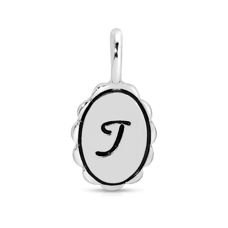 Silver charm with the letter "T".