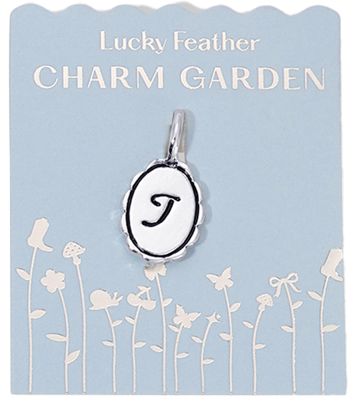 A "Lucky Feather Charm Garden" charm with the letter "T" on a blue decorative backing.