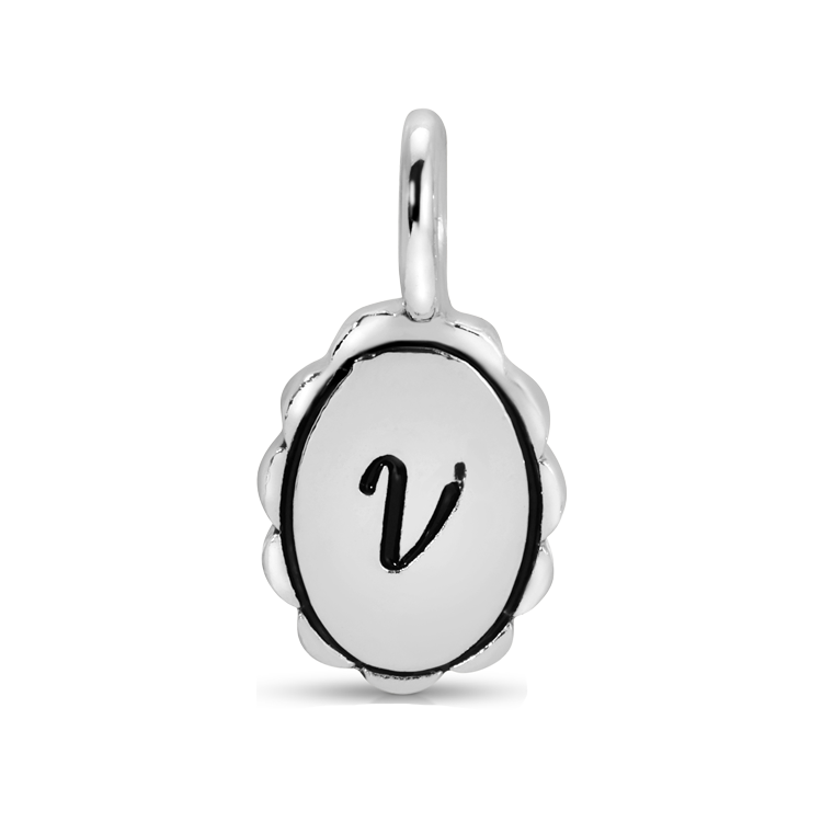 A silver charm pendant with the letter "v".
