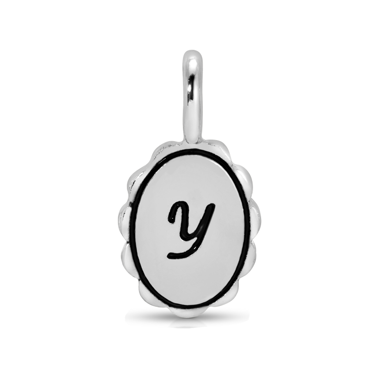 A silver charm with the letter "y" in black.