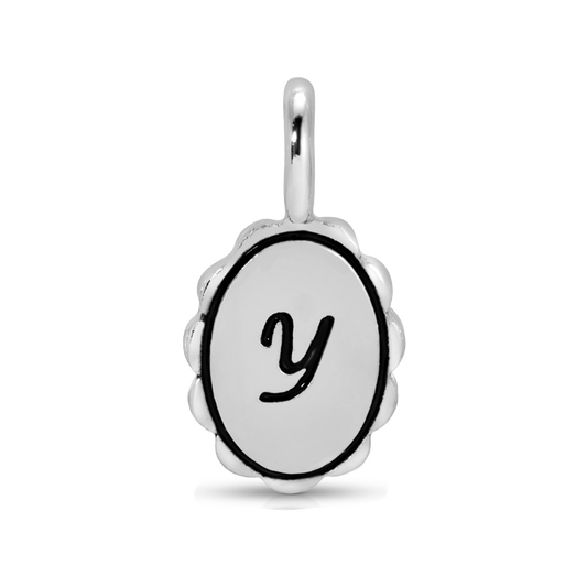 A silver charm with the letter 'y' in black.