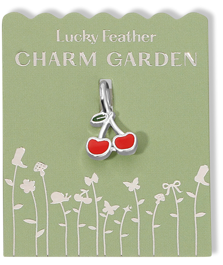 Lucky Feather Charm Garden card featuring a silver cherry charm.