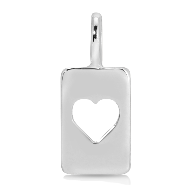 A polished silver tag pendant has a heart-shaped cutout.