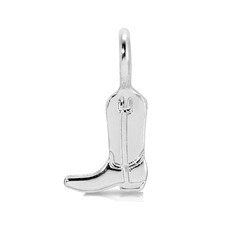A silver cowboy boot charm is displayed on a black background.