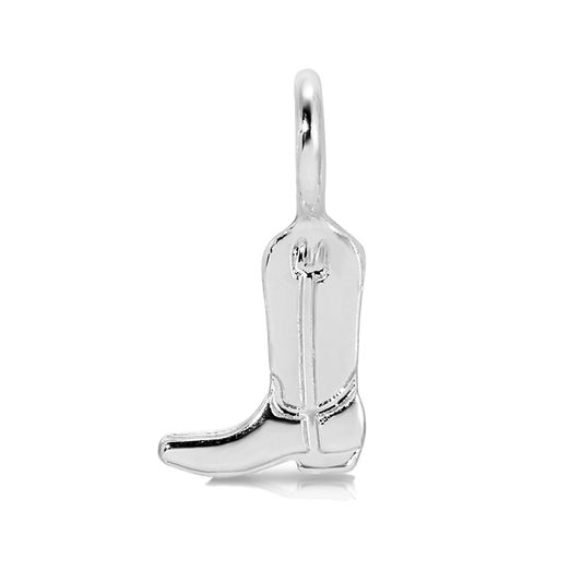 A silver cowboy boot charm is displayed on a black background.