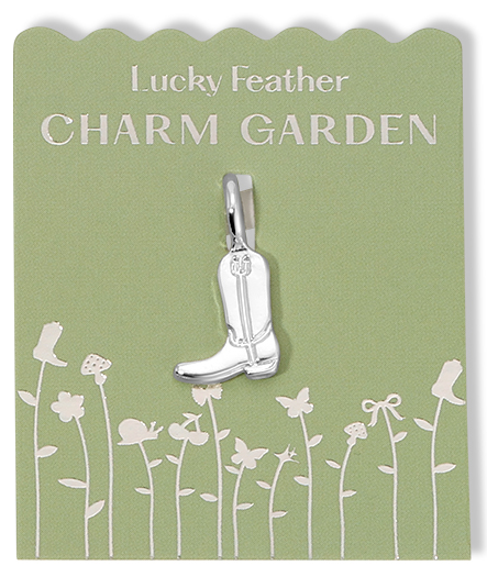 A silver cowboy boot charm is displayed on a "Lucky Feather Charm Garden" card.