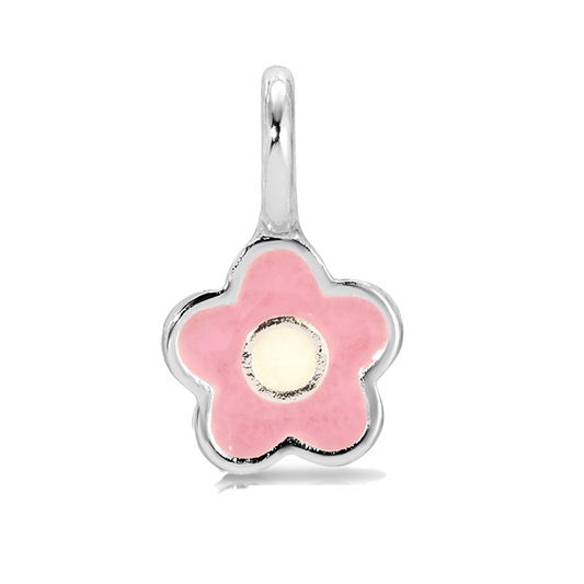 A pink flower charm with a silver border.