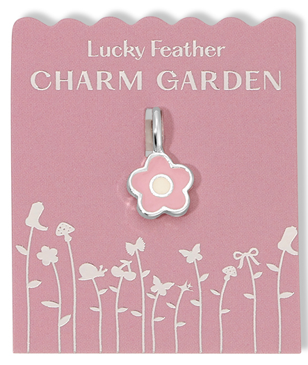 A pink flower charm on a pink 'Lucky Feather CHARM GARDEN' card with a white floral illustration.