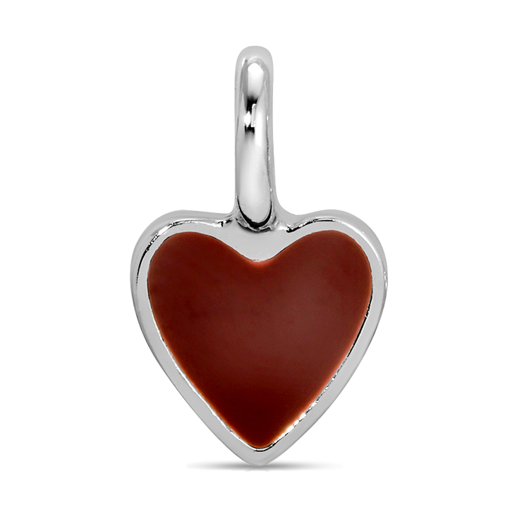 A silver heart-shaped charm with a brown enamel fill is displayed against a black background.