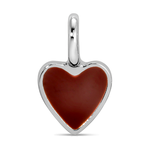A silver heart-shaped pendant with a brown filling is pictured against a black background.