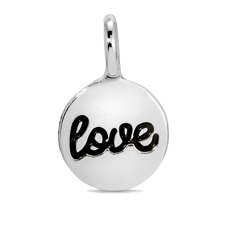 A silver charm features the word "love" in black lettering.