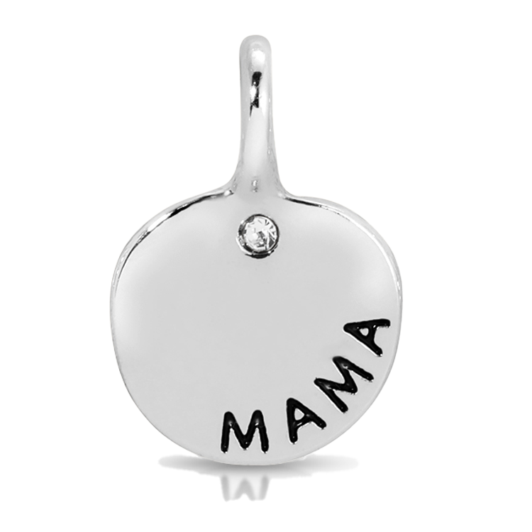 A silver charm pendant with a small diamond and the word "mama" on it.