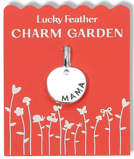 Lucky Feather Charm Garden charm with "MAMA" on a red card with white floral illustrations.