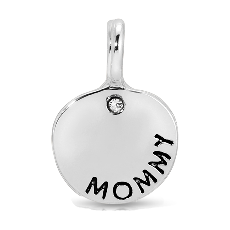 A silver charm with a loop at the top, a small gem, and the word "MOMMY".