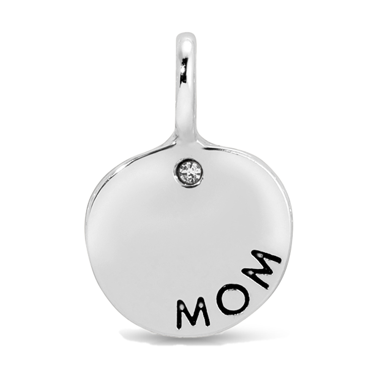 A silver pendant with a loop, a small gemstone, and the word "MOM" engraved on it.
