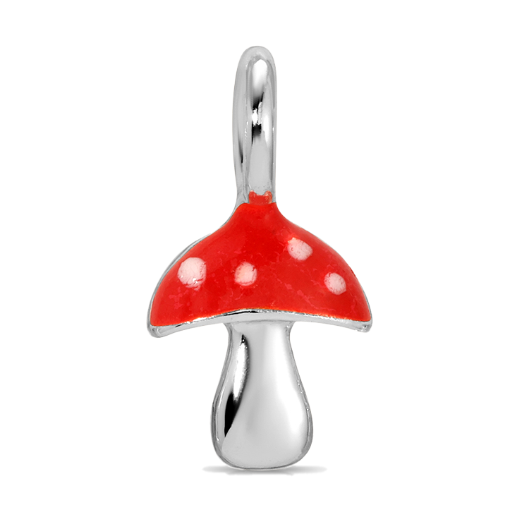 A silver mushroom charm with a red cap and white spots is displayed.