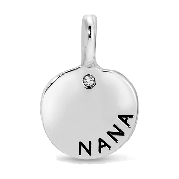 Silver pendant charm with the word "NANA" inscribed and a single gem.