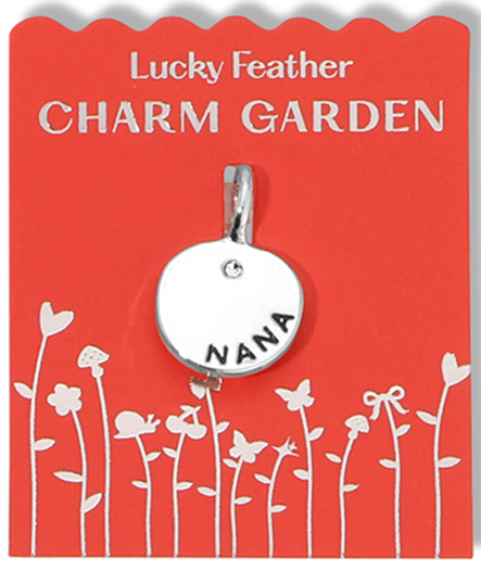 A "Lucky Feather Charm Garden" card displays a round, silver charm with the word "NANA" on it.