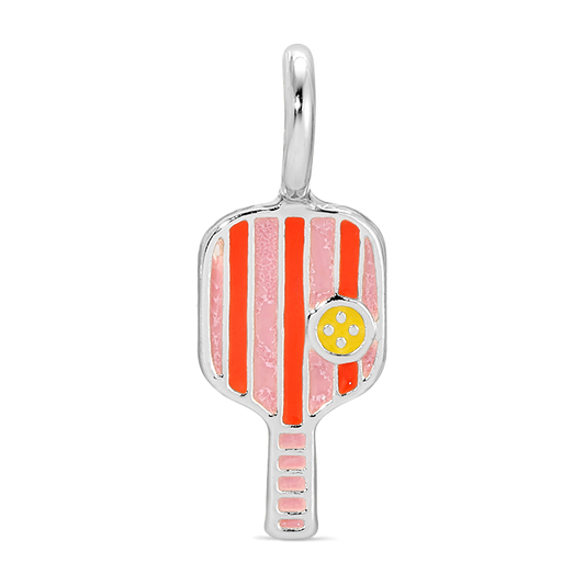 A pickleball paddle charm with pink and red stripes and a yellow ball is displayed.