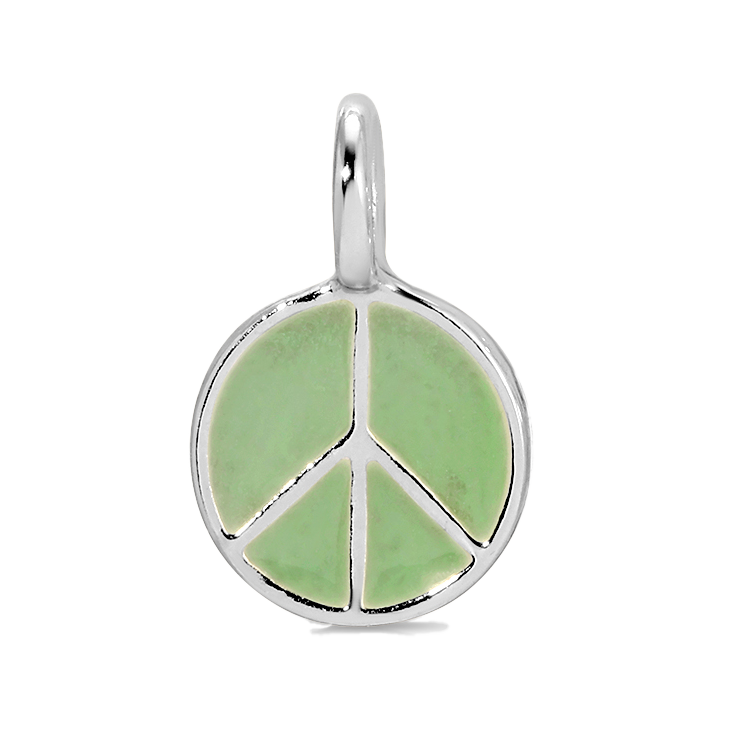 A silver peace sign pendant with light green fill on a black and white background.