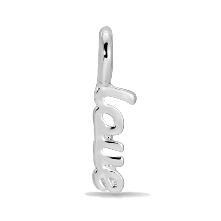 A shiny metal charm spelling out "love" is shown vertically against a black background.