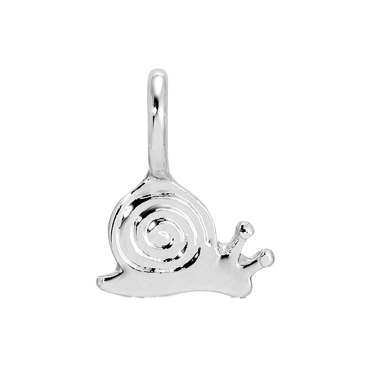 A silver-colored snail charm or pendant is displayed against a black background.