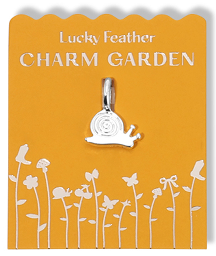 A silver snail charm on a yellow "Lucky Feather Charm Garden" card with floral graphics.