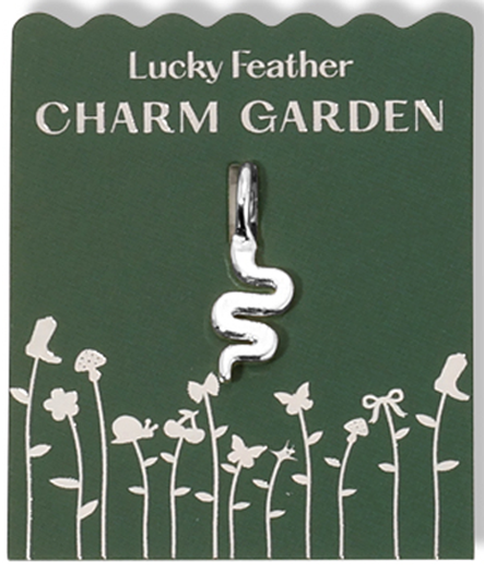 A "Lucky Feather Charm Garden" card with a silver snake charm.