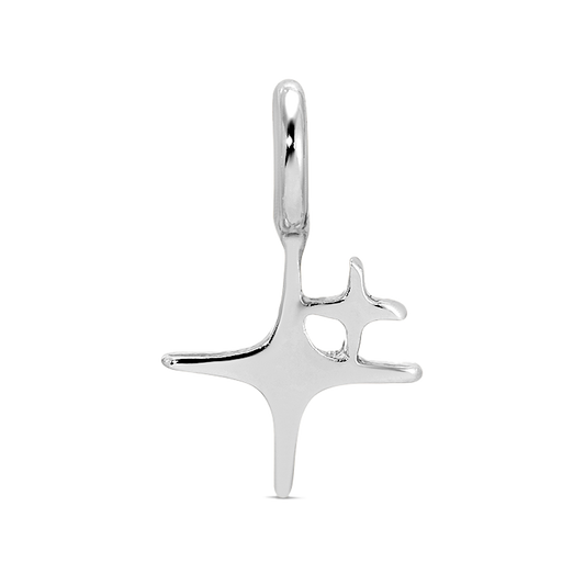 A silver-colored metal earring in the shape of a stylized star is presented against a black background.