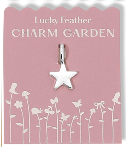 A star charm attached to a pink "Lucky Feather Charm Garden" card with a floral design.