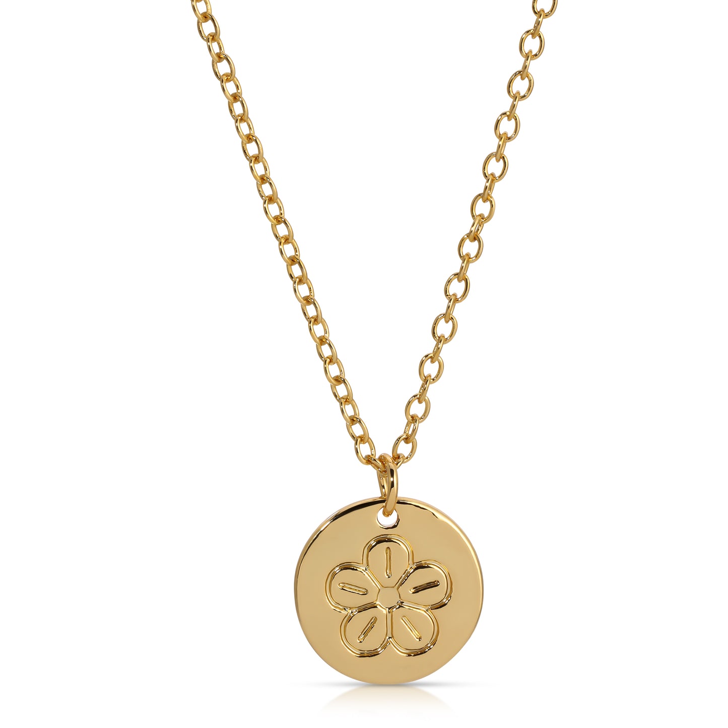 A gold chain necklace with a round pendant featuring a flower design.