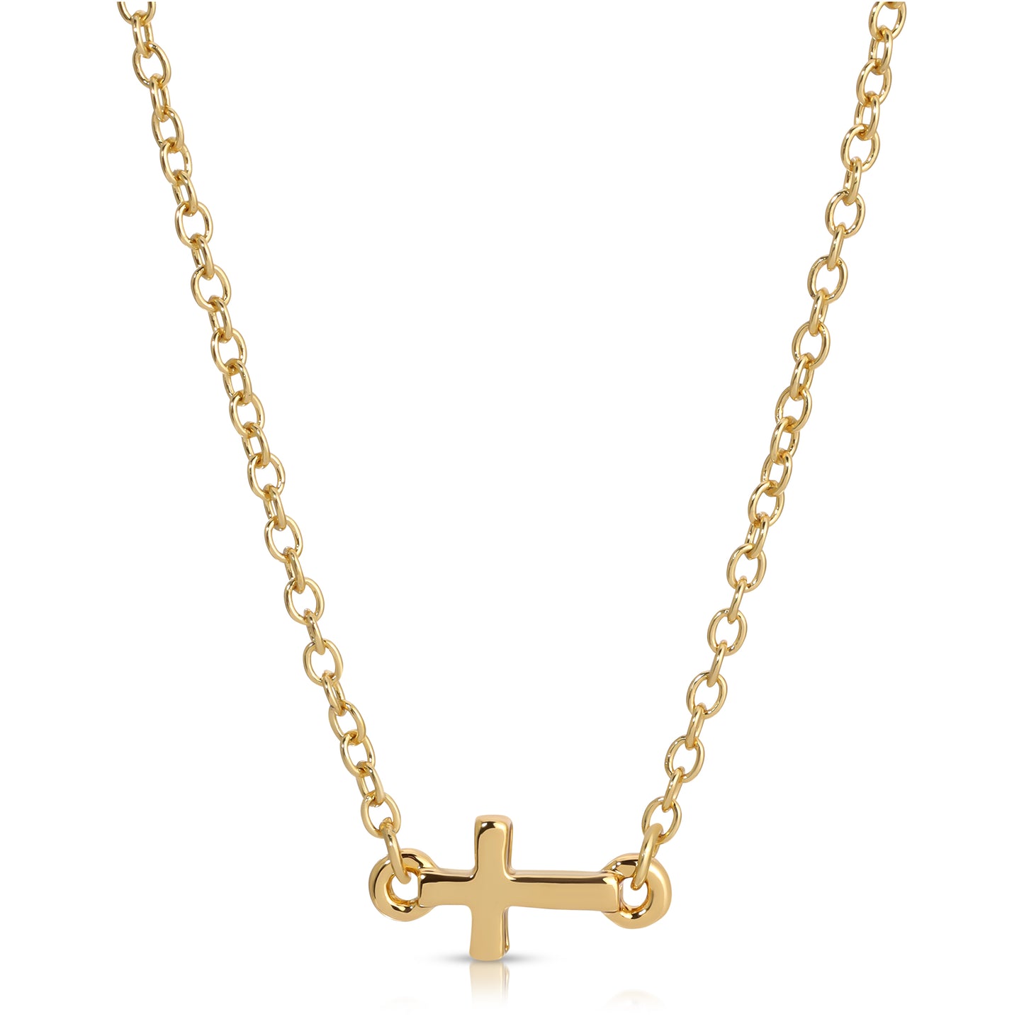 A gold necklace with a horizontal cross pendant.