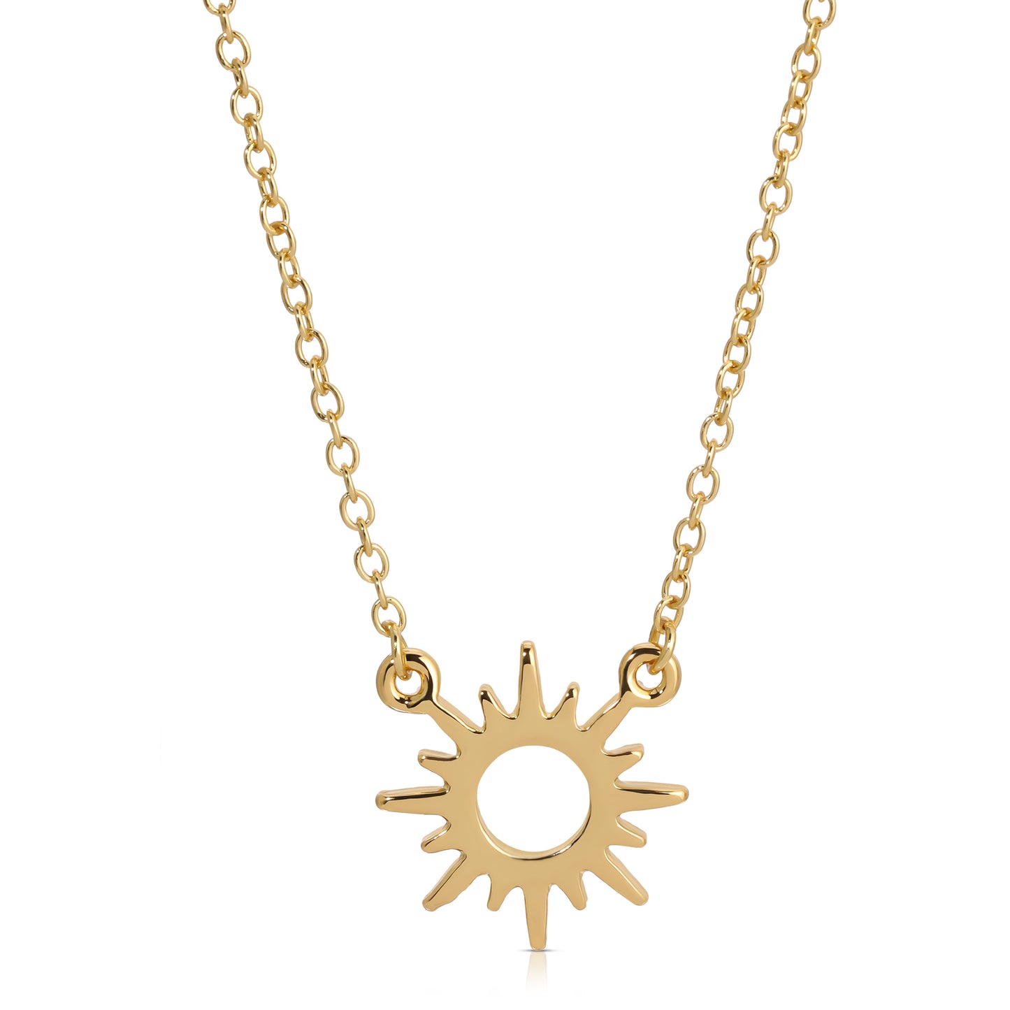 A gold chain necklace with a sun-shaped pendant.