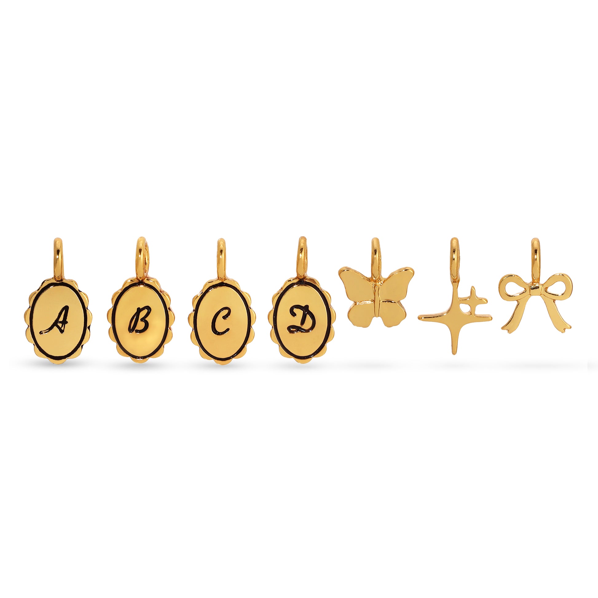 Seven gold charms including letters A through D, a butterfly, a star, and a bow.