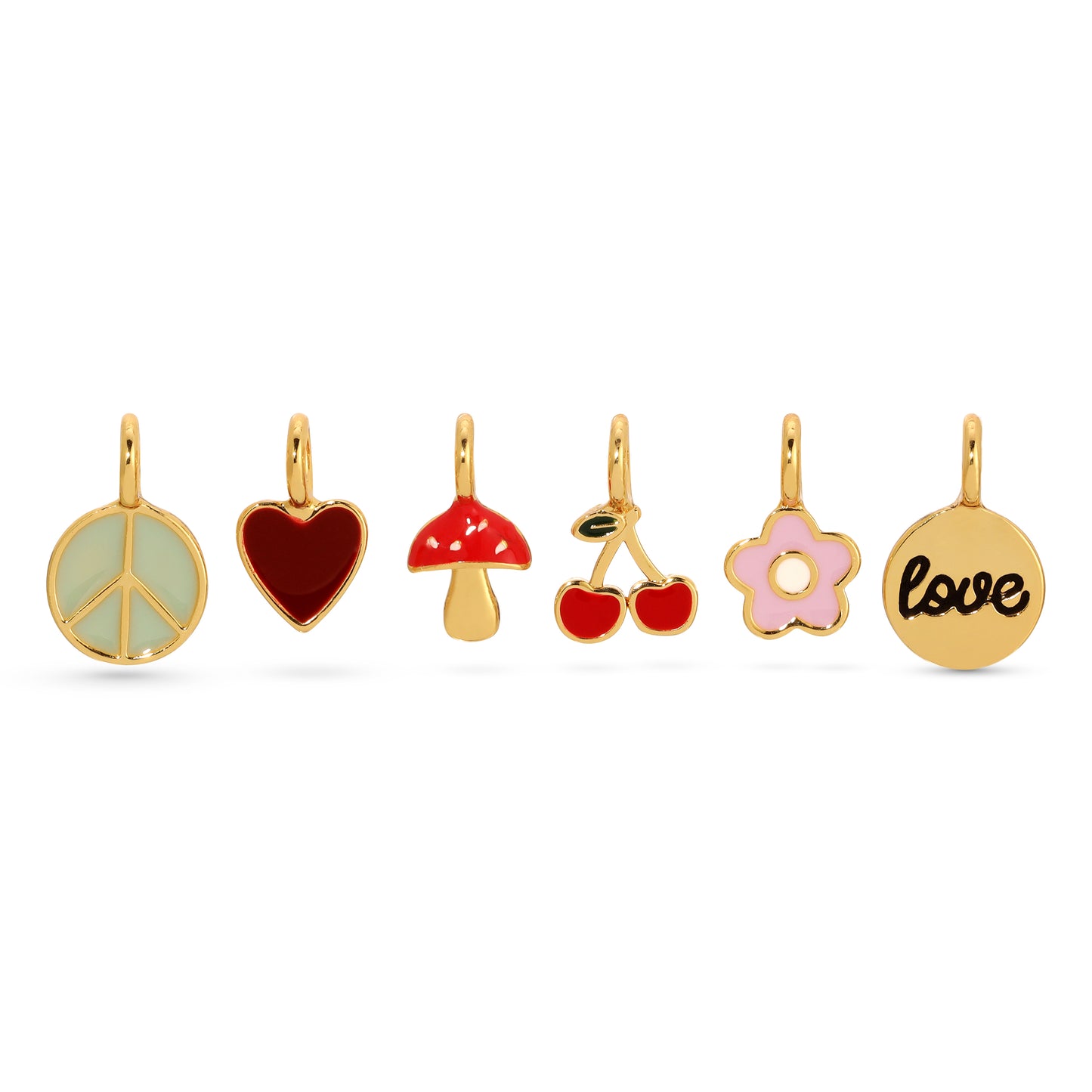 Six gold charms, including a peace sign, heart, mushroom, cherries, flower, and the word "love," are arranged in a row on a white background.