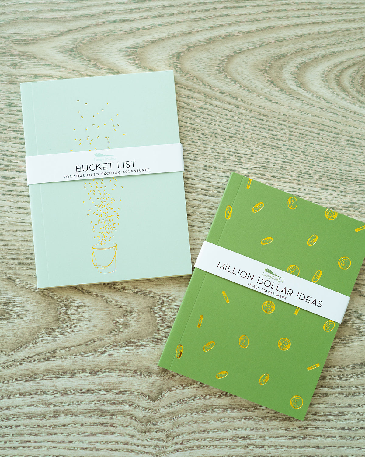 Two notebooks, one labeled "Bucket List" and the other "Million Dollar Ideas," sit on a wood-grain surface.