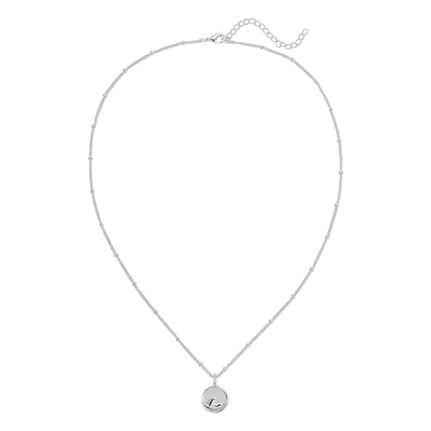 A silver necklace with a wave pendant.