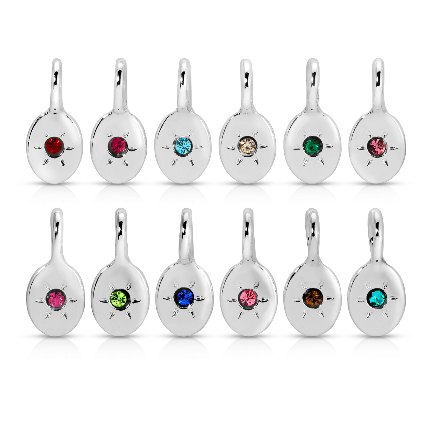 Twelve silver pendants with colored gemstones are arranged in two rows against a white background.