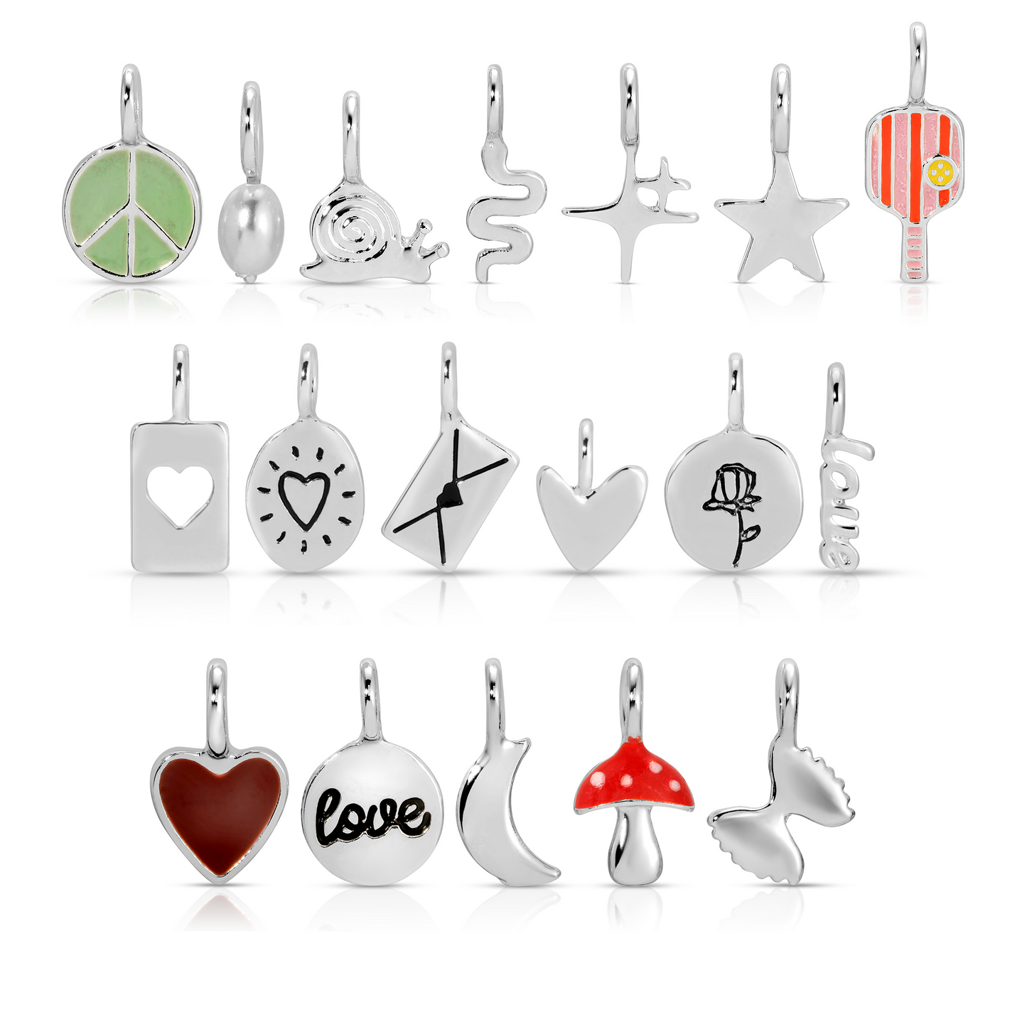 A collection of silver charms with various designs including a peace sign, snail, snake, star, heart, rose, and mushroom are arranged on a white background.