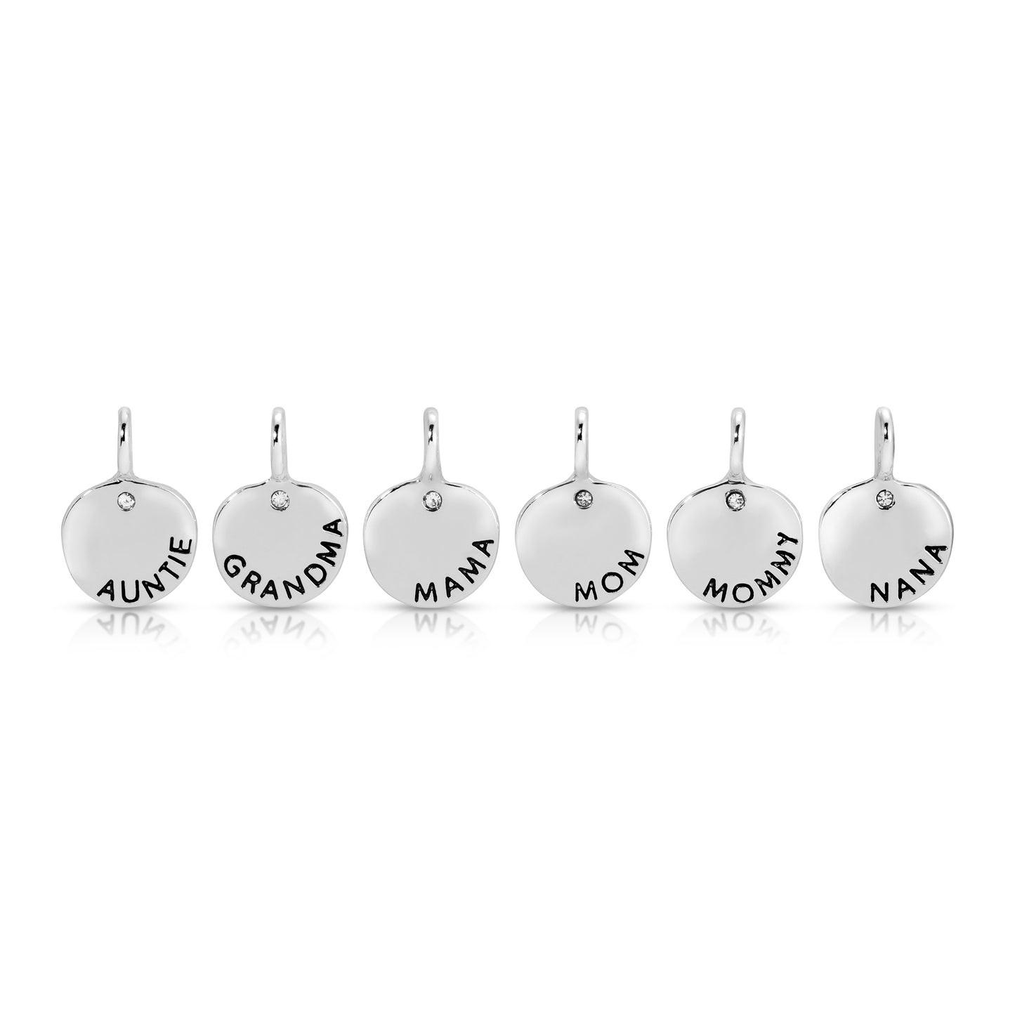 Six silver pendants with names for female relatives sit in a row.