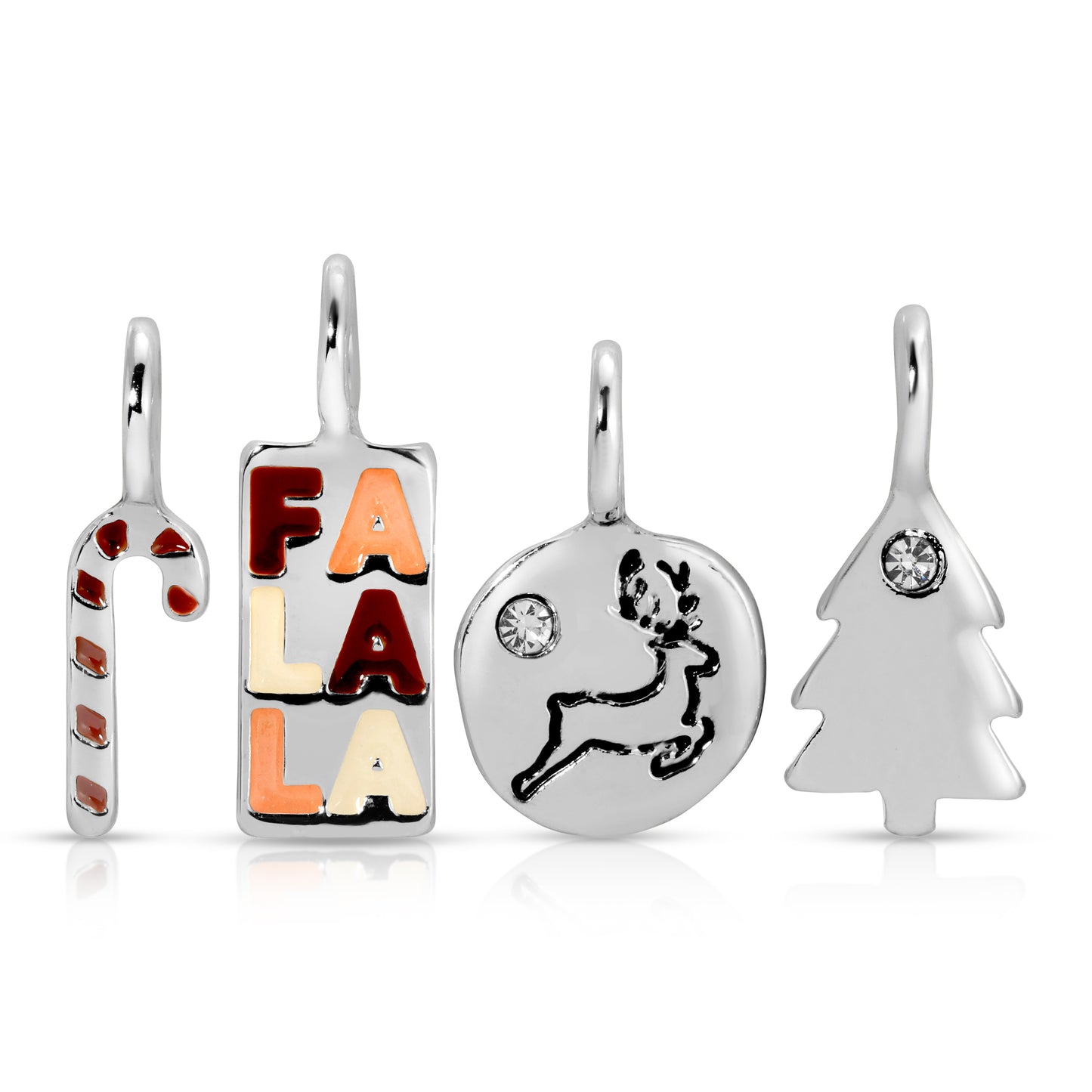 Four silver-toned charm pendants with Christmas-themed designs are displayed on a white background.