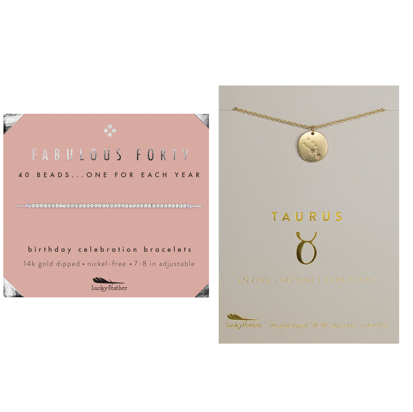 The image shows a 'Fabulous Forty' beaded bracelet and a Taurus constellation necklace on display cards.
