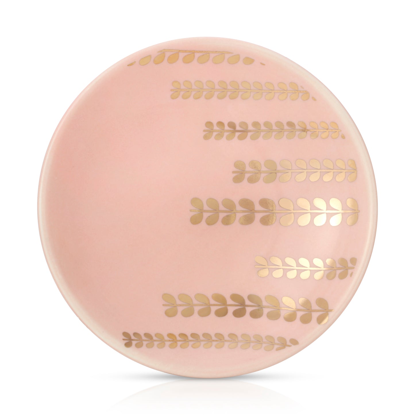 A pink plate is decorated with four horizontal lines of gold, leafy patterns.