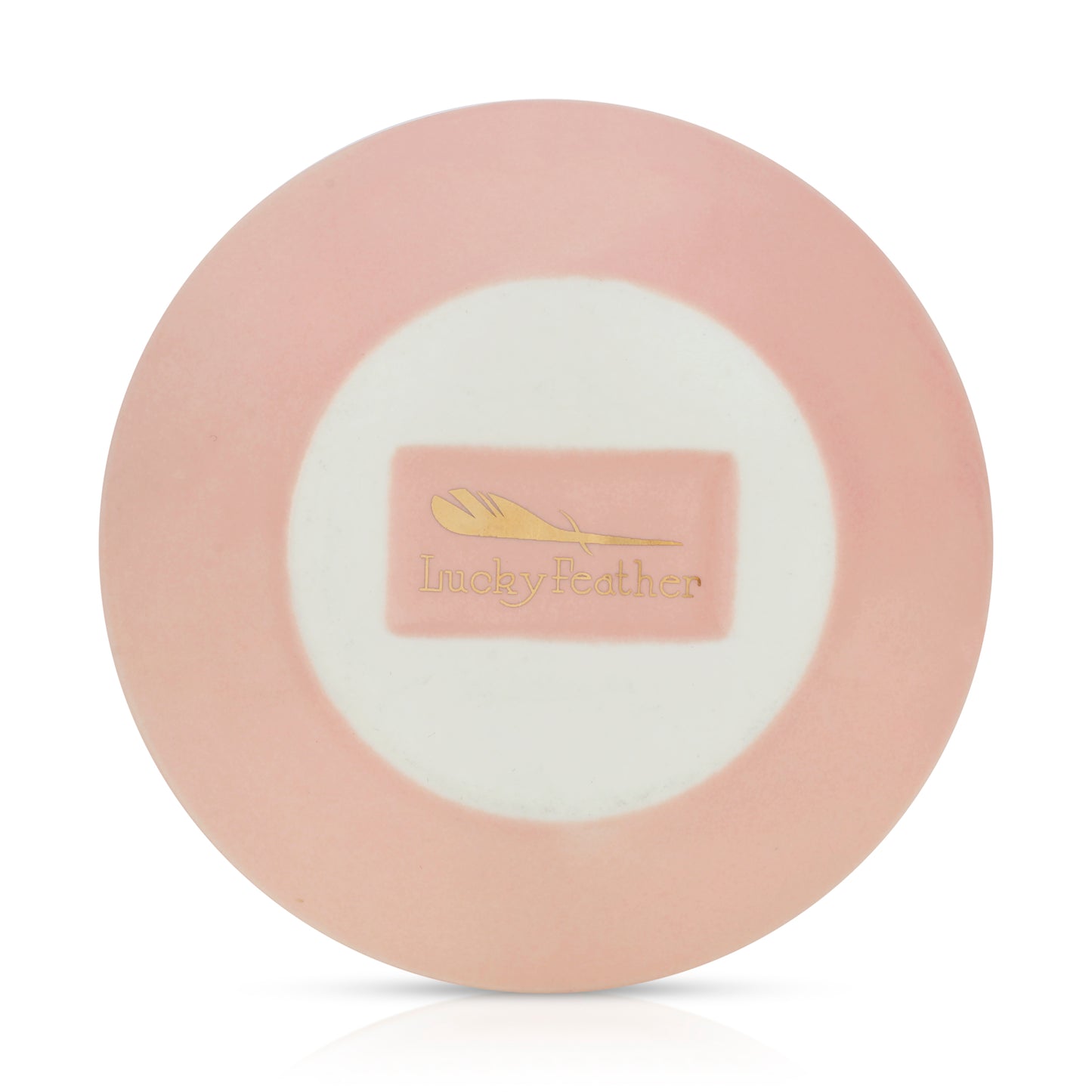 Pink and white plate with "Lucky Feather" logo.