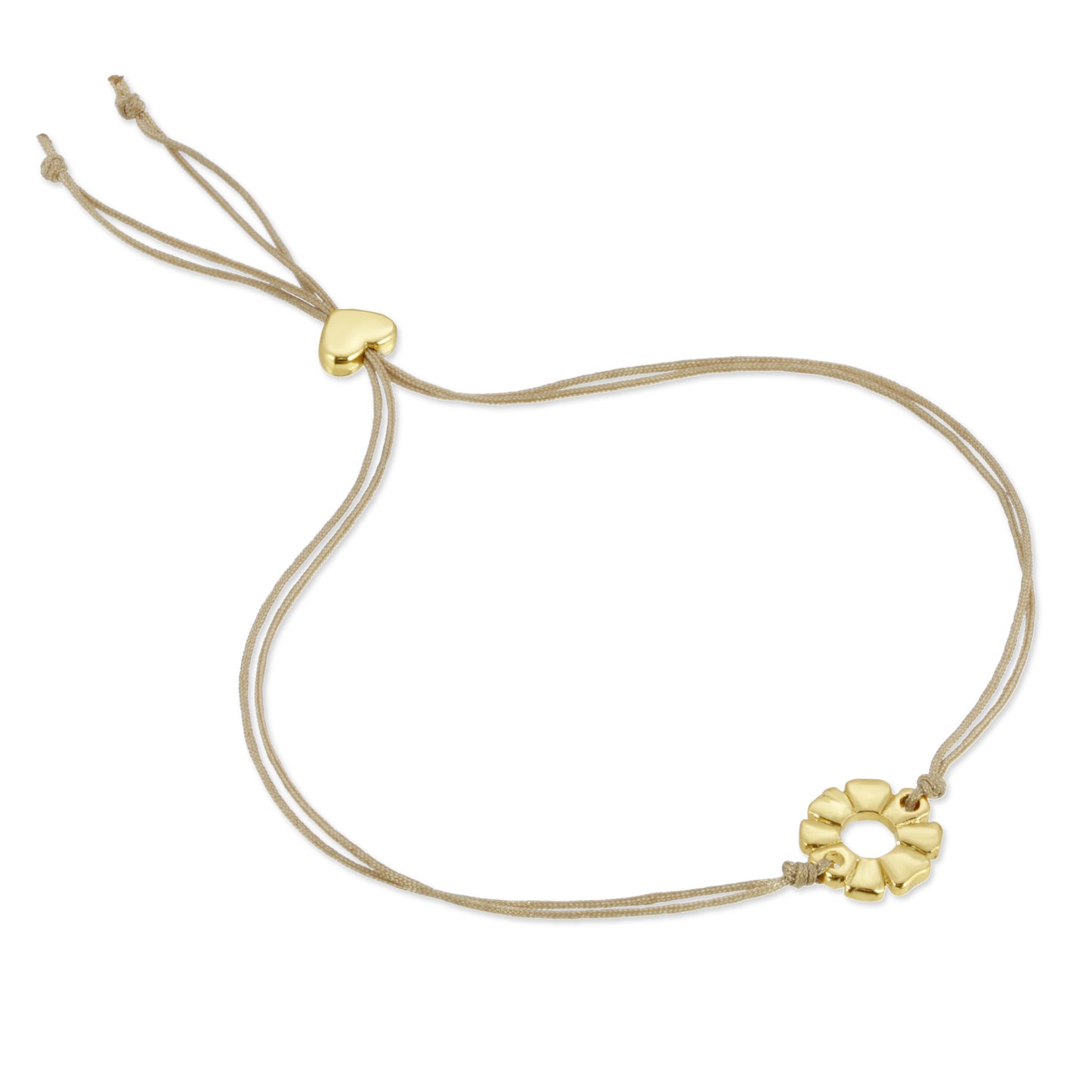 A beige cord bracelet features a gold flower charm and a gold heart slider.