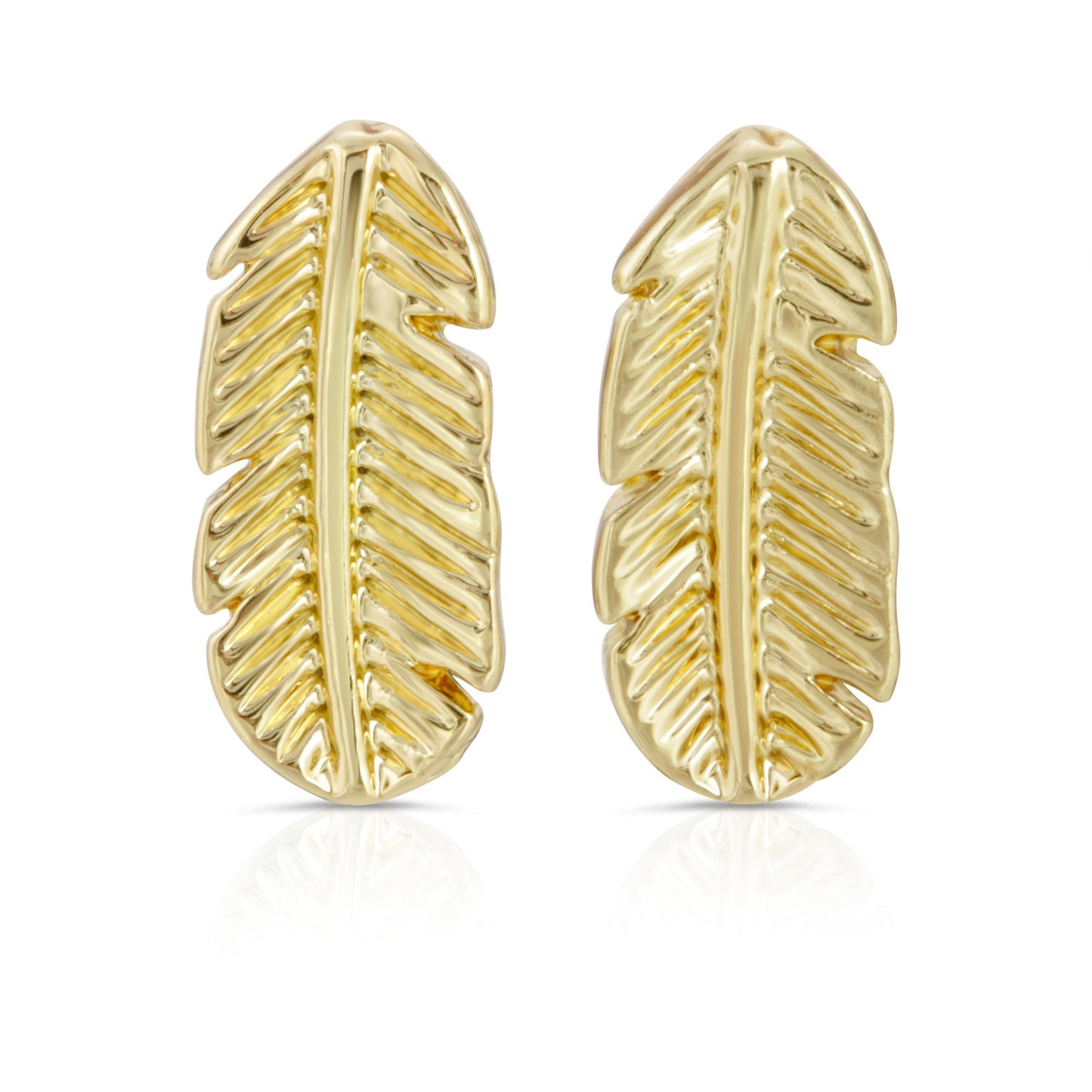 Two gold-colored feather-shaped earrings are displayed on a white background.